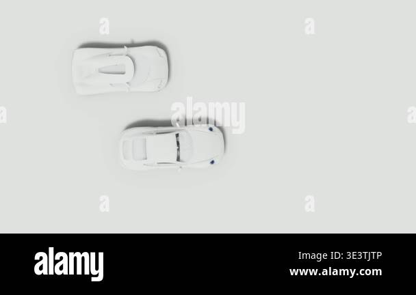 A high-angle minimalist shot of two white toy sports cars positioned on ...