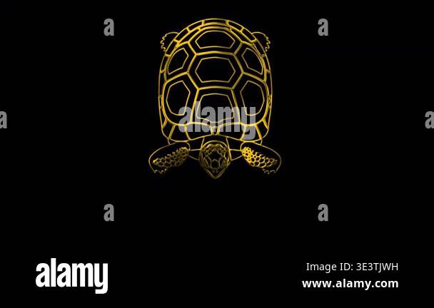 A minimalist golden outline of a turtle slowly rotating against a solid ...