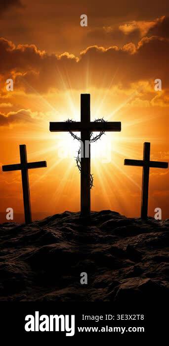 A powerful and evocative scene depicting three crosses silhouetted ...