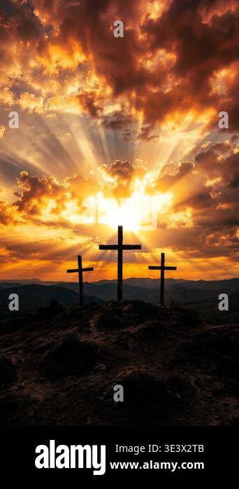 A powerful and evocative scene featuring three crosses silhouetted ...