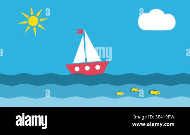 Children's Summer Animation. Toy Sailing Ship, Sun, Clouds, Sea, Waves ...
