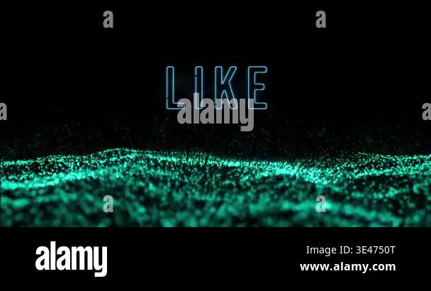 Animation of like glowing blue text over digital wave moving on black ...