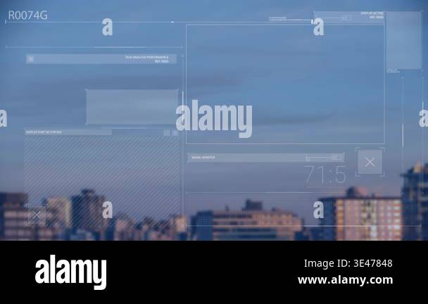 Animation of digital screen with numbers and text over high section of ...