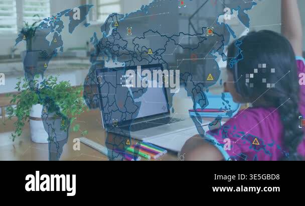 Girl gazing laptop screen and initiating world map overlays shifting ...