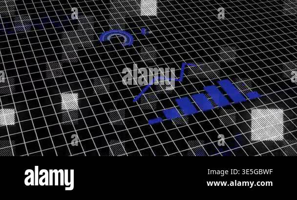 Blue bar chart and pie chart animation over black grid background ...