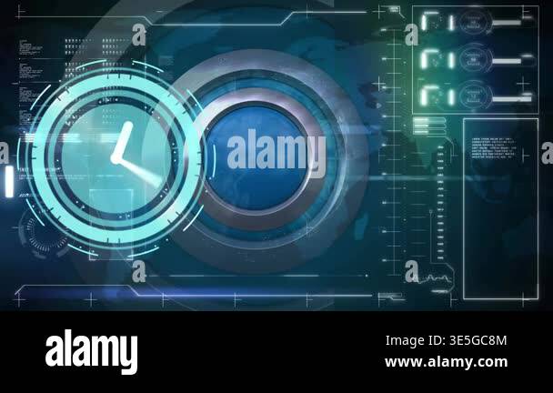 Animation of neon ticking clock over interface with data processing ...