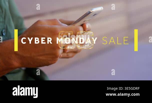 Animation of cyber monday sale text and 6g over man using smartphone ...