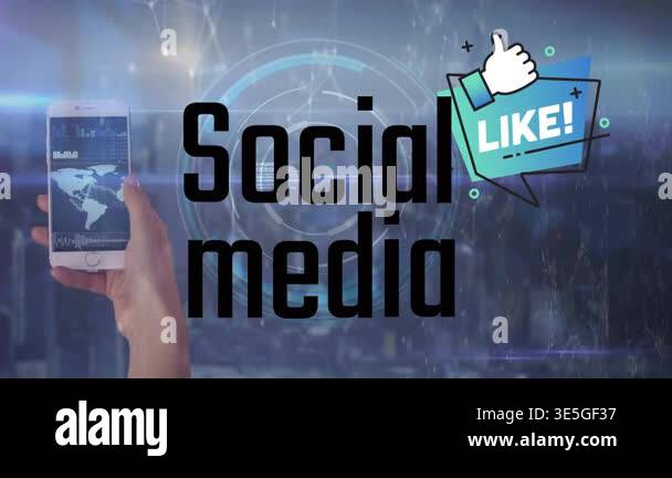 Social media text banner and hand holding a smartphone over digital ...