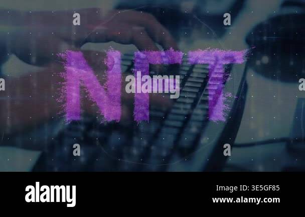 Animation of nft text and data processing over hands typing on keyboard ...