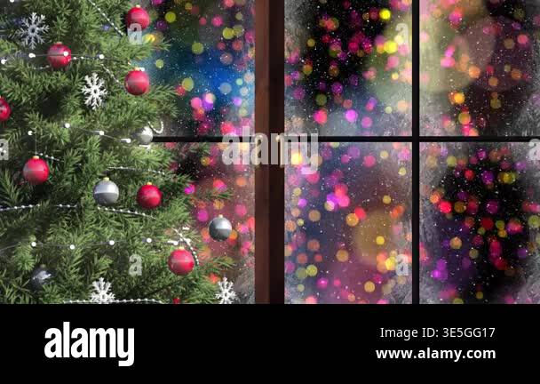 Animation of christmas tree and window over snow falling and light ...