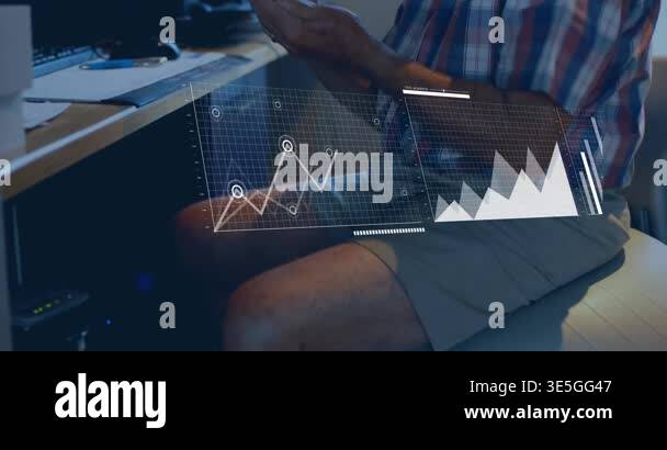 Retiree reaching smartphone causing tech holographic graphs and map ...