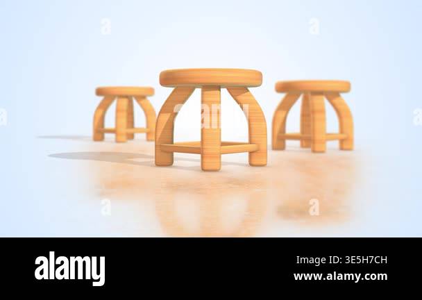 Wooden Stools on a Reflective Floor. Wooden Furnitures 3D Animation ...