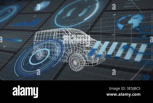 Animation of wireframe car model with digital interface elements in ...