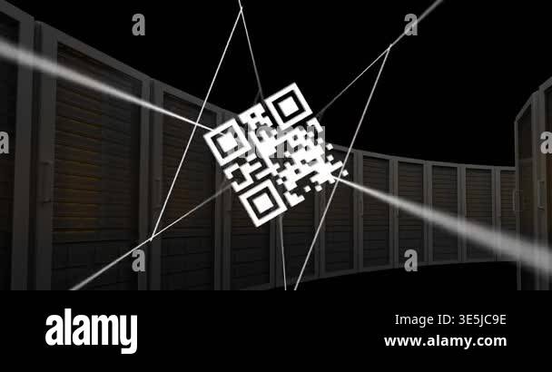 Animation of qr code on lines over server system racks against black ...