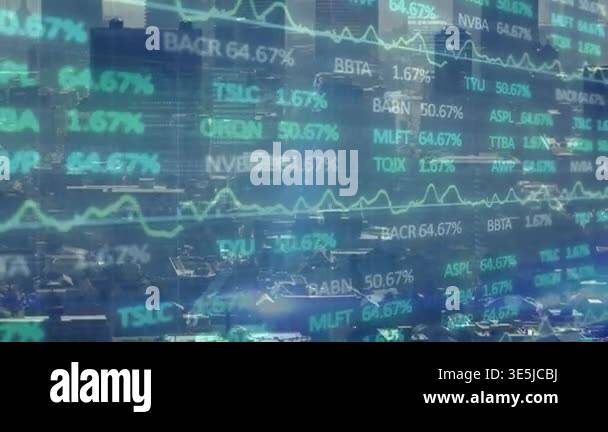 Animation of flying binary code, trading board, programming language ...