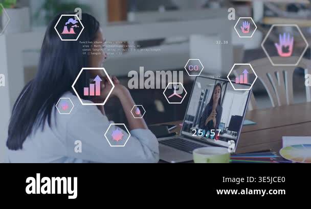 Video conferencing on laptop, woman interacting with digital animation ...
