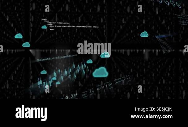 Animation of processing data, charts and cloud icons transferring data ...