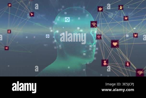 Animation of network of connections and icons over dark background ...
