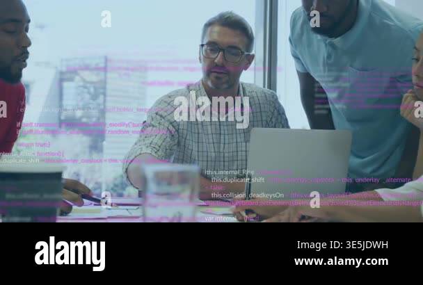 Animation of computer language over diverse coworkers discussing ...