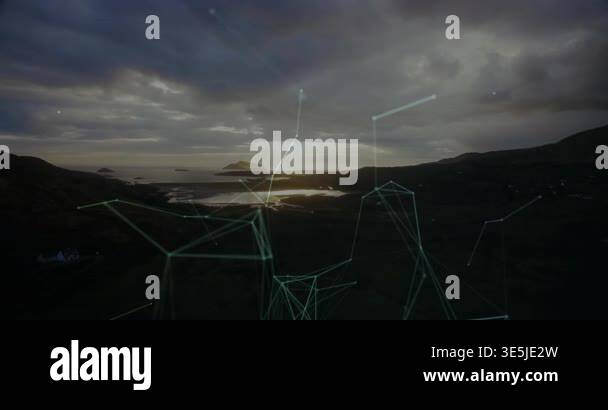 Digital wireframe network being overlaid on coastal hillside featuring ...