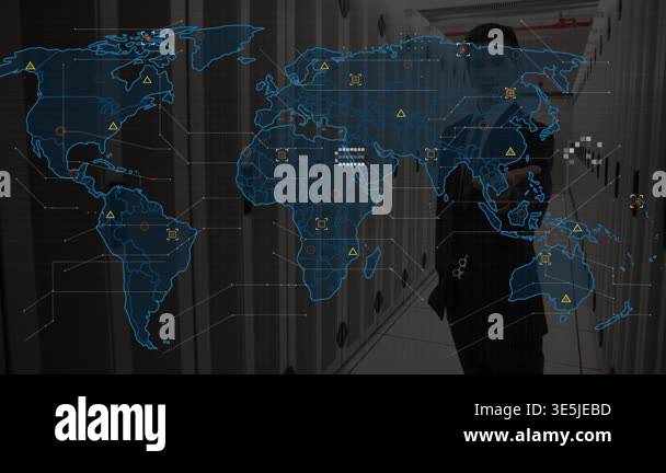 Animation of world map against businessman holding an invisible object ...
