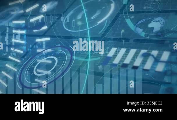 Animation of 5g text over digital interface with data processing ...