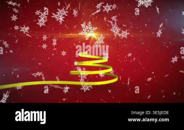 Animation of christmas tree and snow falling on red background ...