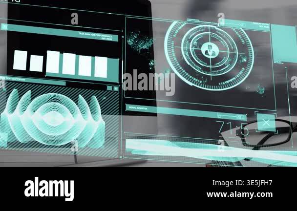 Animation of digital screen with data over computer screen with copy ...
