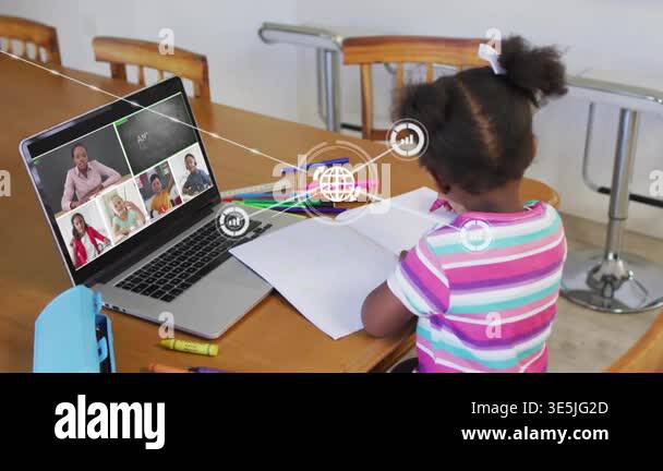 Girl student leaning forward on table joining virtual class for ...