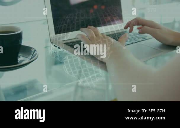 Spinning globe against mid section of woman using laptop at office ...