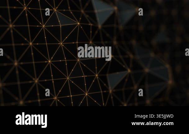 Abstract black triangular moving mesh with a golden lines and points ...