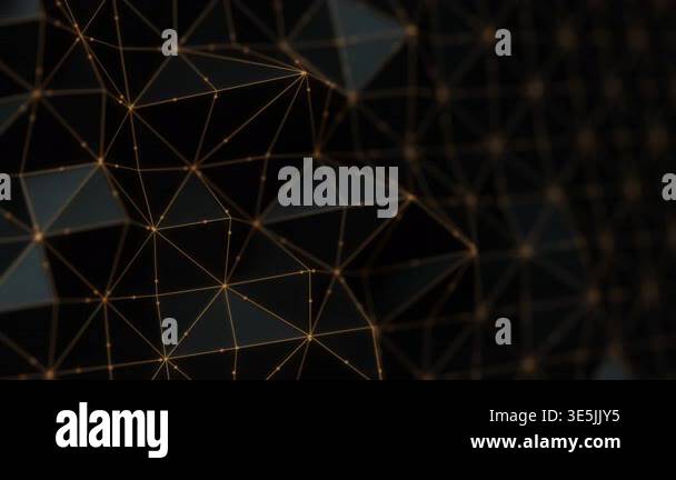 Abstract black triangular moving mesh with a golden lines and points ...