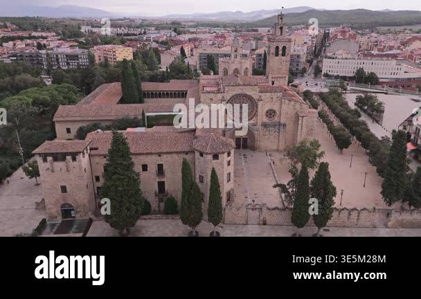 Cinematic aerial perspective of the historic monastery of sant cugat ...