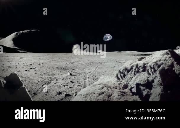 Cinematic panoramic view of the moon surface with planet earth rising ...