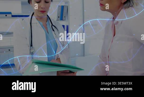 Doctor flipping green file activating DNA helix illustrating genetic ...