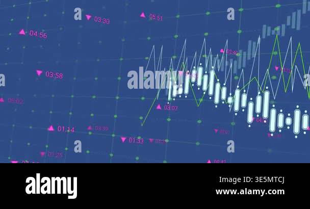 Animation of data processing over grid network against blue background ...
