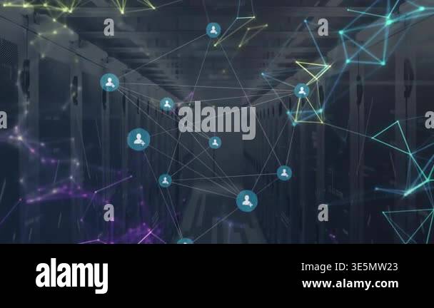 Network of connections and data processing animation over server room ...