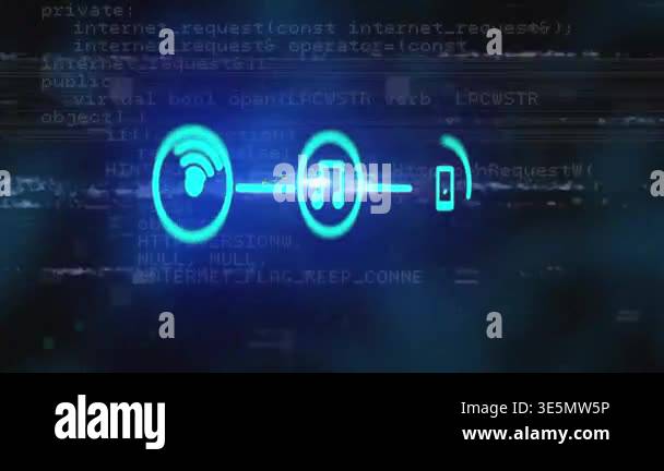 Animation of network of digital icons over data processing against blue ...