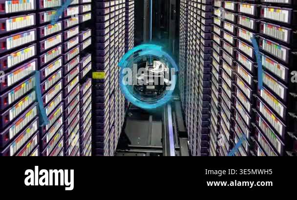 Animation of neon blue round scanner spinning against computer server ...