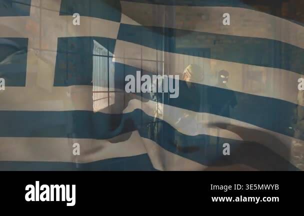 Greek flag initiating defense agent checking gate entering warehouse ...