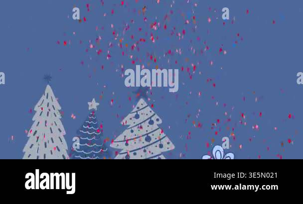 Animation of red particles over christmas trees and gifts icons on blue ...