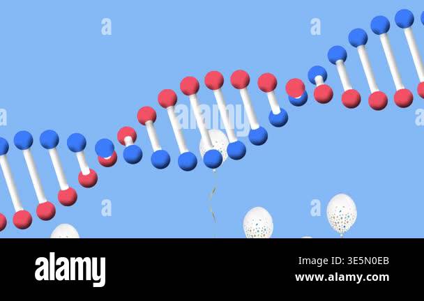 Animation of balloon icons and dna strand on blue background. social ...