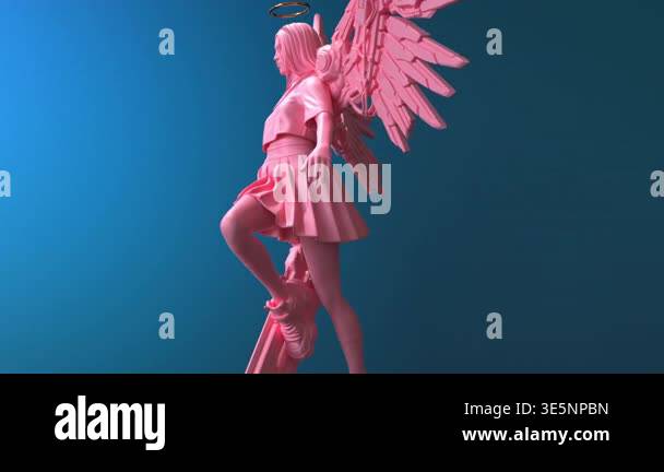 Pink Winged Angel Statue Standing On Sword, Halo Above Head, Soft Teal ...