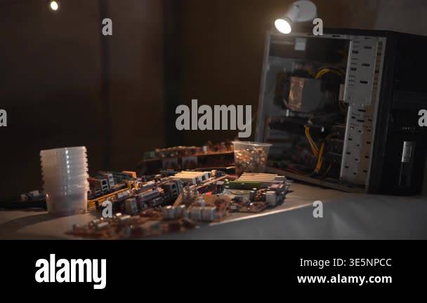 Closeup Circuit Board On Workbench Showing Disassembled Pc Parts And ...