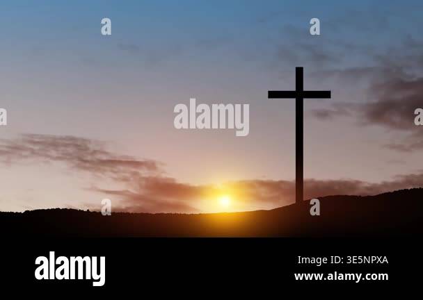 Christian cross on hill outdoors at sunrise. Resurrection of Jesus ...