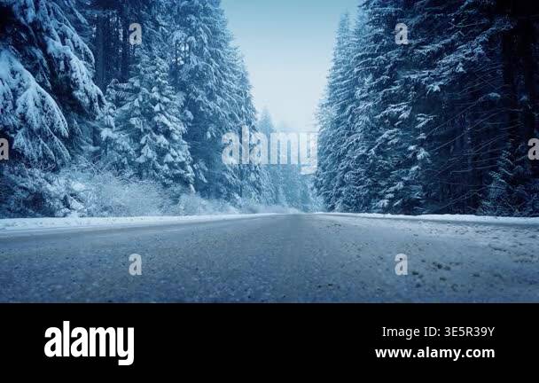 Road Through Winter Forest In Snowfall Stock Video Footage - Alamy