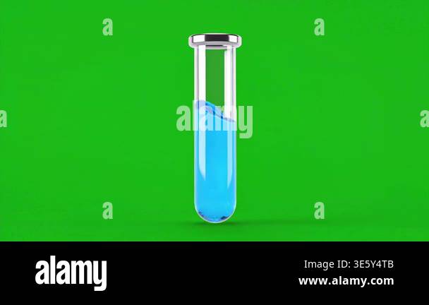 A clear test tube filled with blue liquid rotates on a green screen ...