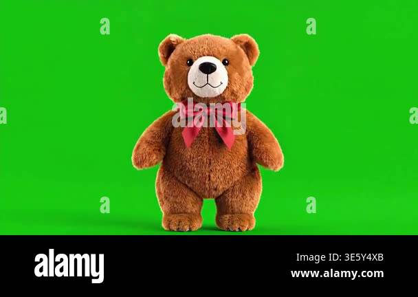 A fluffy brown teddy bear with a red bow tie waves its paw on a green ...