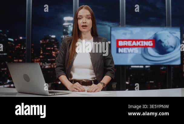Serious Woman Journalist in White Shirt and Jacket Presenting ...