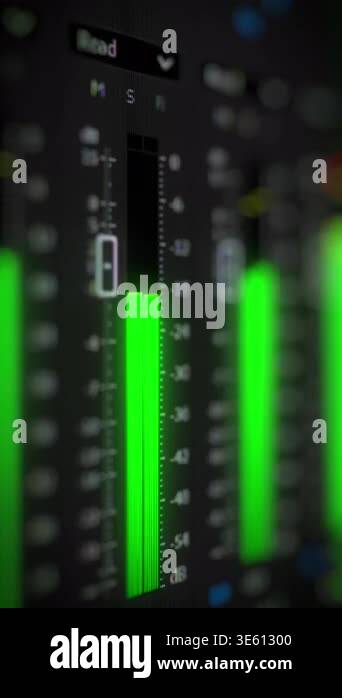 Green vertical audio level bars. Close-up of sound signal meters ...